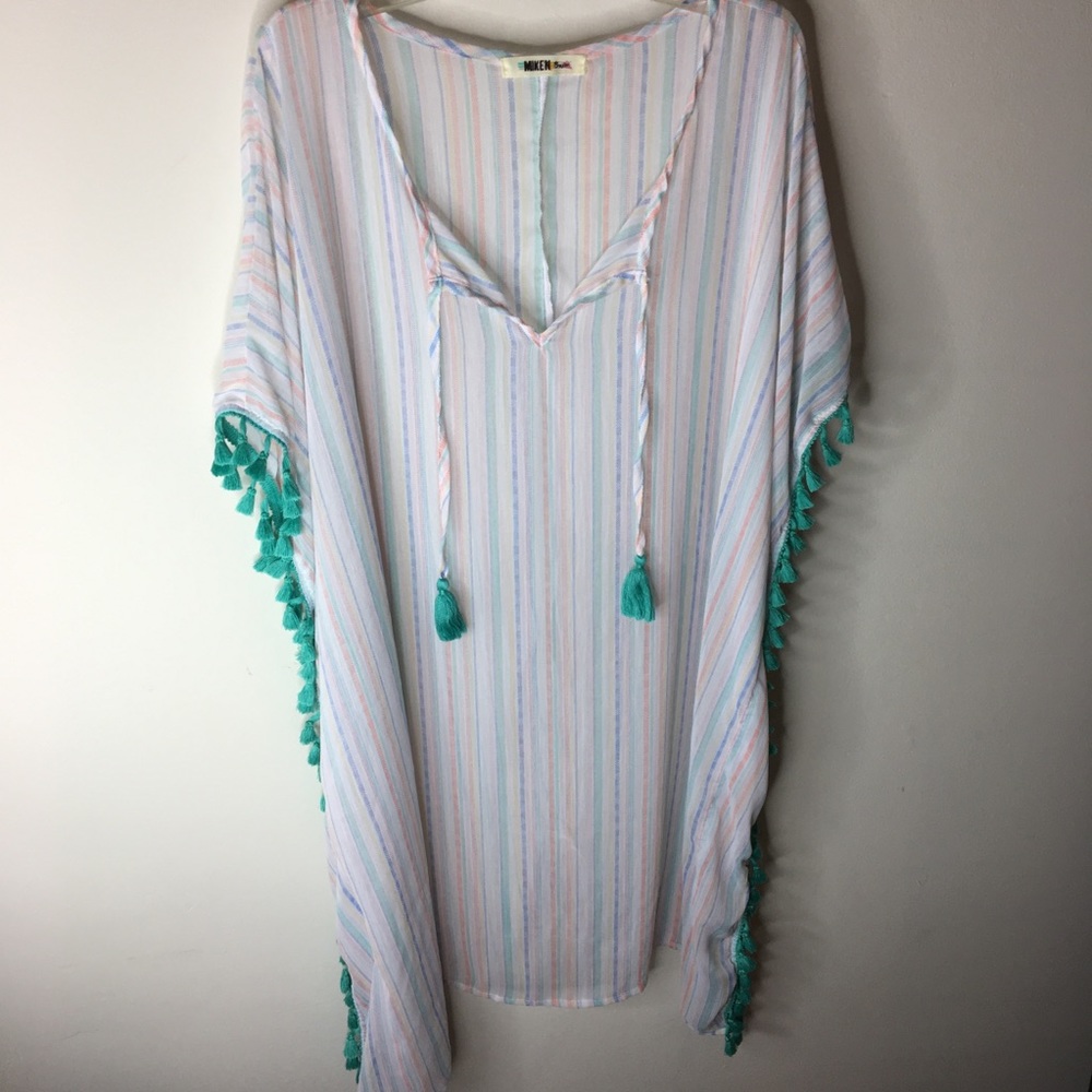 Miken Tropical Striped Swimsuit Cover Up w Tassels